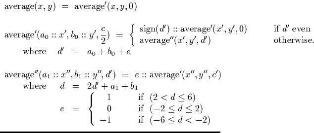 $\begin{array}
{lrcl}
\lefteqn{\mathrm{average}(x,y) \ = \ \mathrm{average'}(x,y...
 ... 2)\ -1 & \qquad \textrm{if }\ (-6 \leq d<-2)\end{array} \right.\ \end{array}$