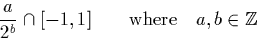 \begin{displaymath}
\frac{a}{2^{b}} \cap [-1,1] \qquad \textrm{where}\quad a,b \in \mathbb{Z}\end{displaymath}