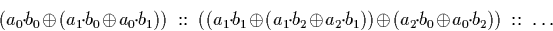 \begin{displaymath}
(a_0\!\cdot\!b_0 \oplus (a_1\!\cdot\!b_0 \oplus a_0\!\cdot\!...
 ... \oplus (a_2\!\cdot\!b_0 \oplus a_0\!\cdot\!b_2)) \ :: \ \ldots\end{displaymath}