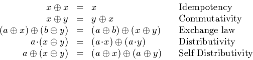 \begin{displaymath}
\begin{array}
{rcll}
x \oplus x & = & x & \quad \textrm{Idem...
 ...(a \oplus y) & \quad \textrm{Self Distributivity}\ \end{array}\end{displaymath}